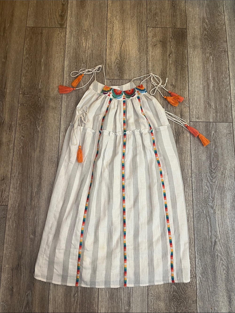 THML White Striped Maxi Dress with Orange Tassel Accents